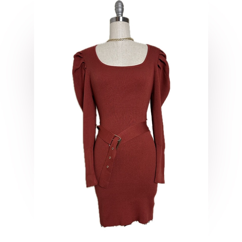 Brown Bodycon Dress with Long Bishop Sleeves and Square Neck for Cocktail